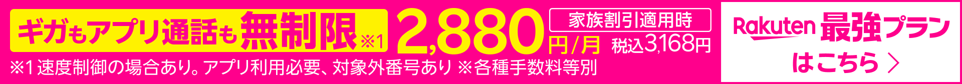 ギガ無制限2,880円/月（税込3,168円） 楽天モバイル（Rakuten最強プラン）
